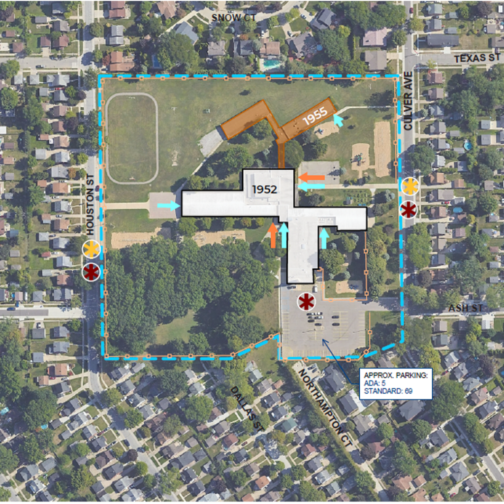 An illustration showing when different parts of Snow Elementary were constructed including 1952 and 1955.